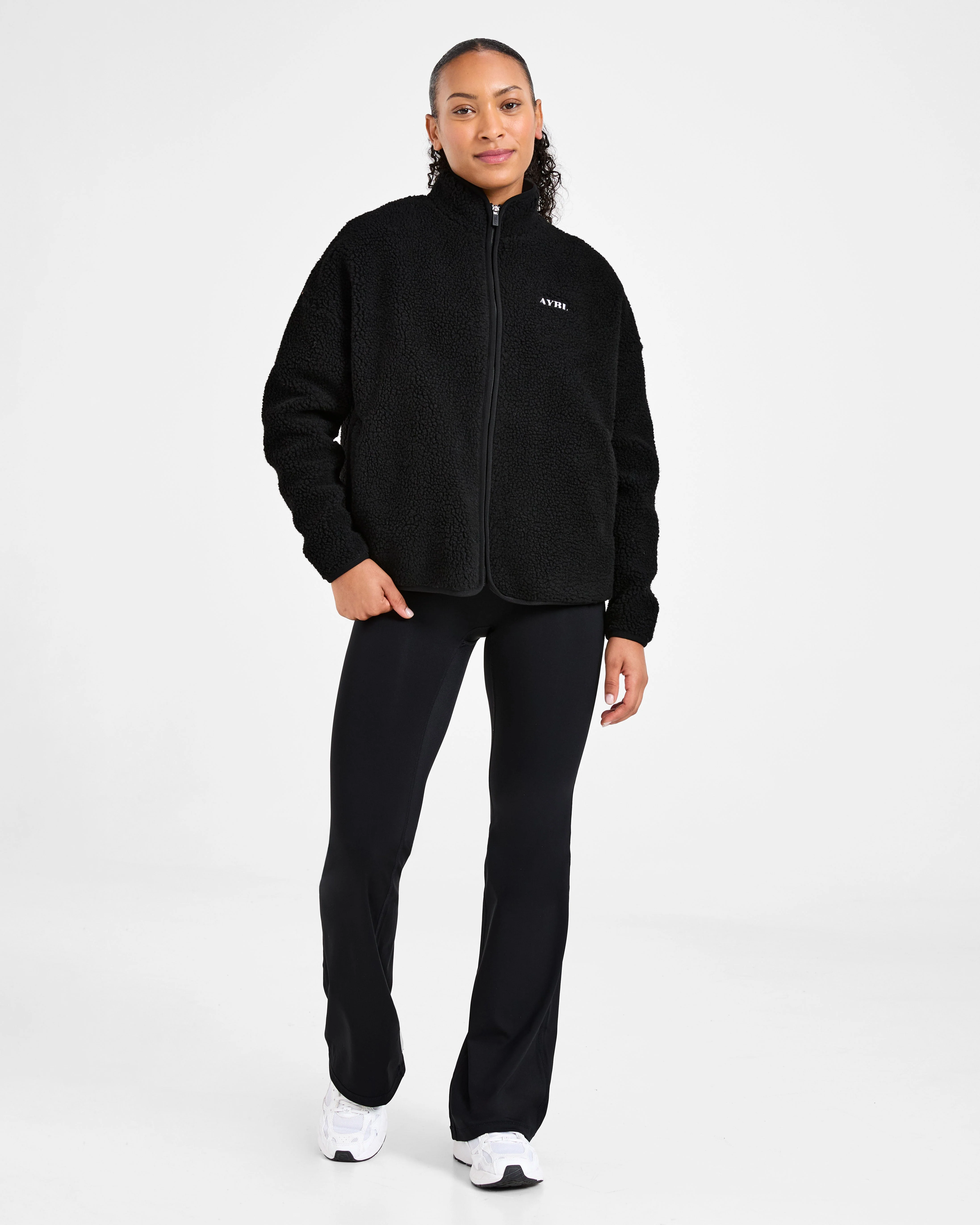 Oversized Zip Up Fleece Jacket - Black - Image 3