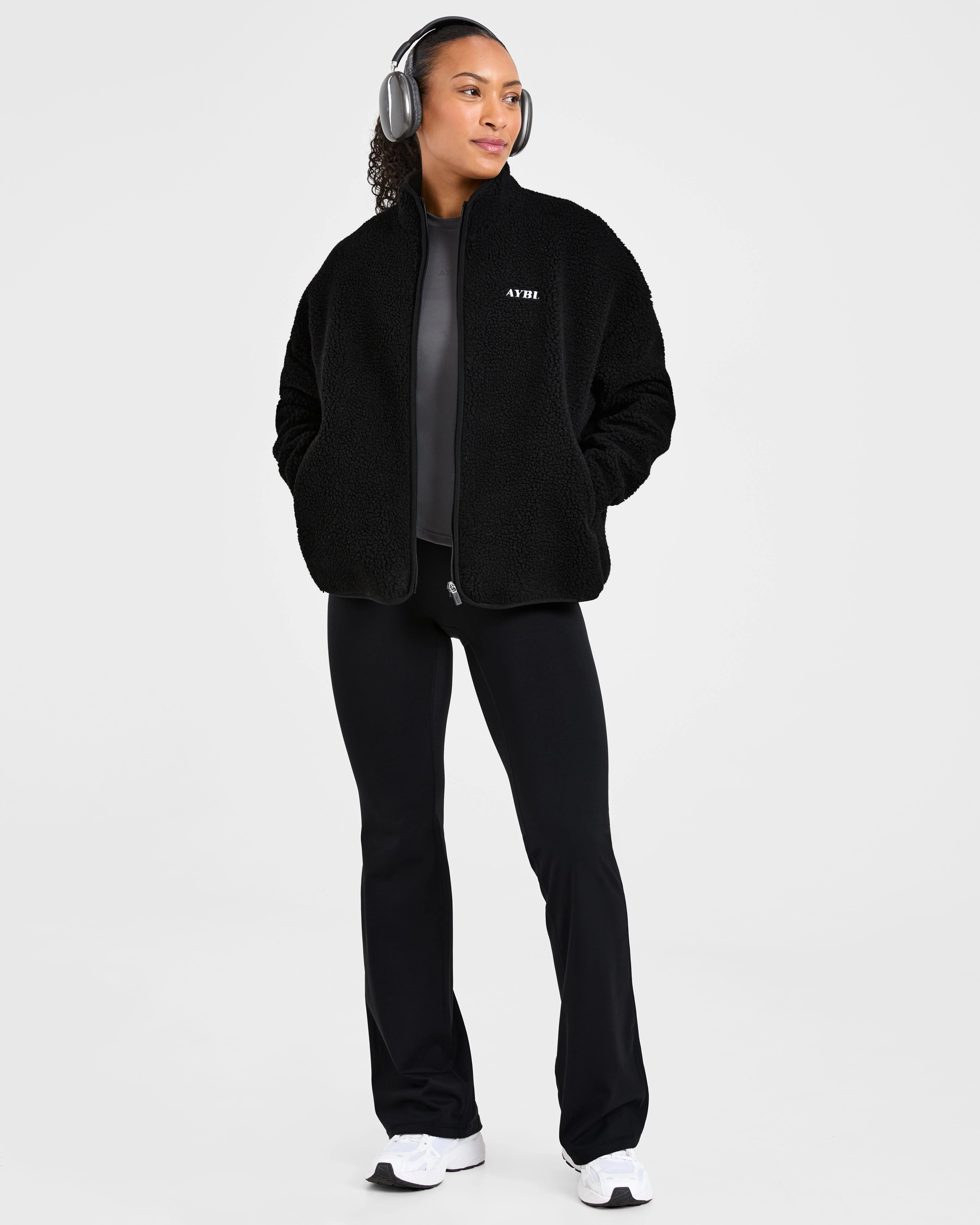 Oversized Zip Up Fleece Jacket - Black - Image 7