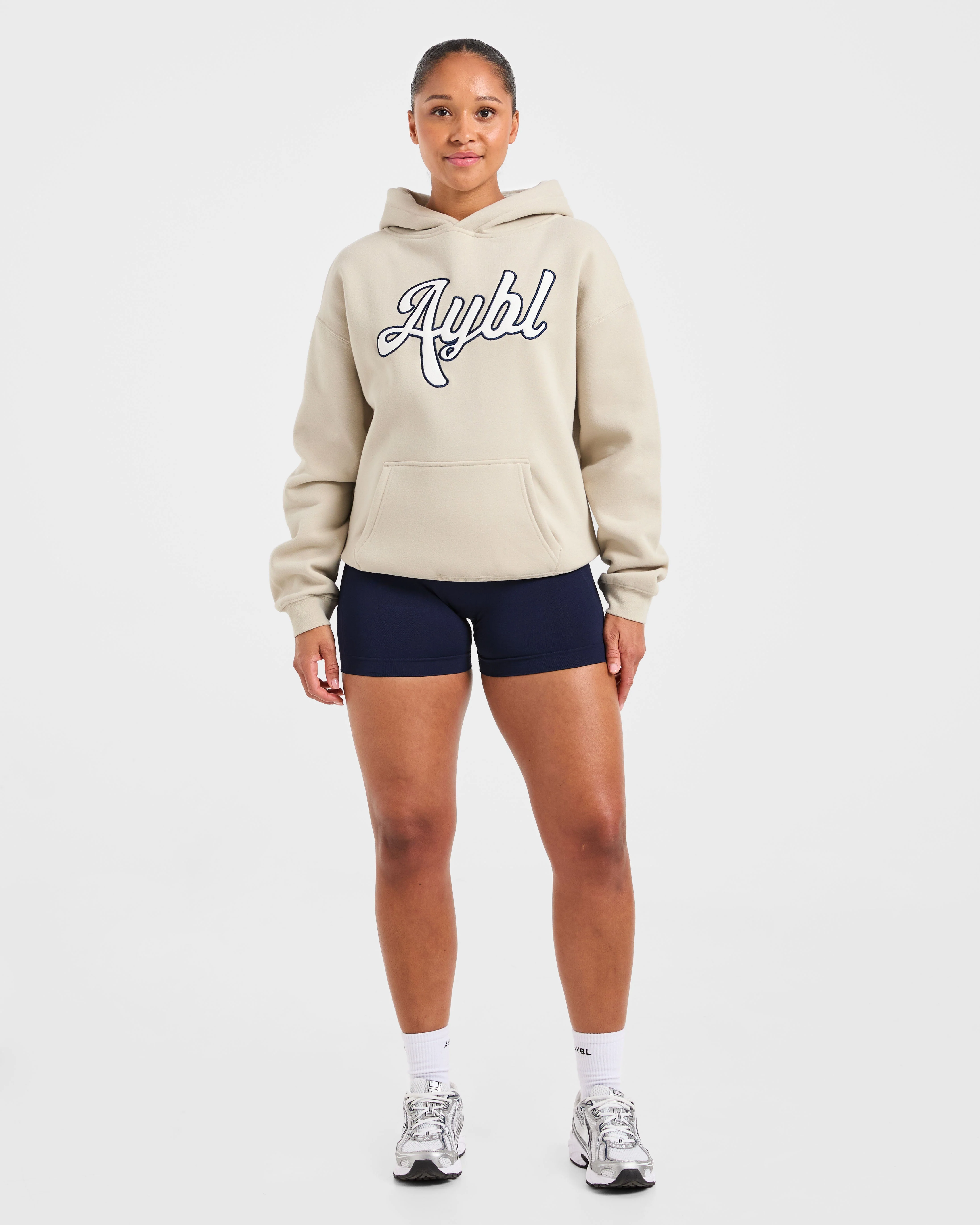 Script Embroidered Oversized Hoodie - Sand/Navy - Image 3