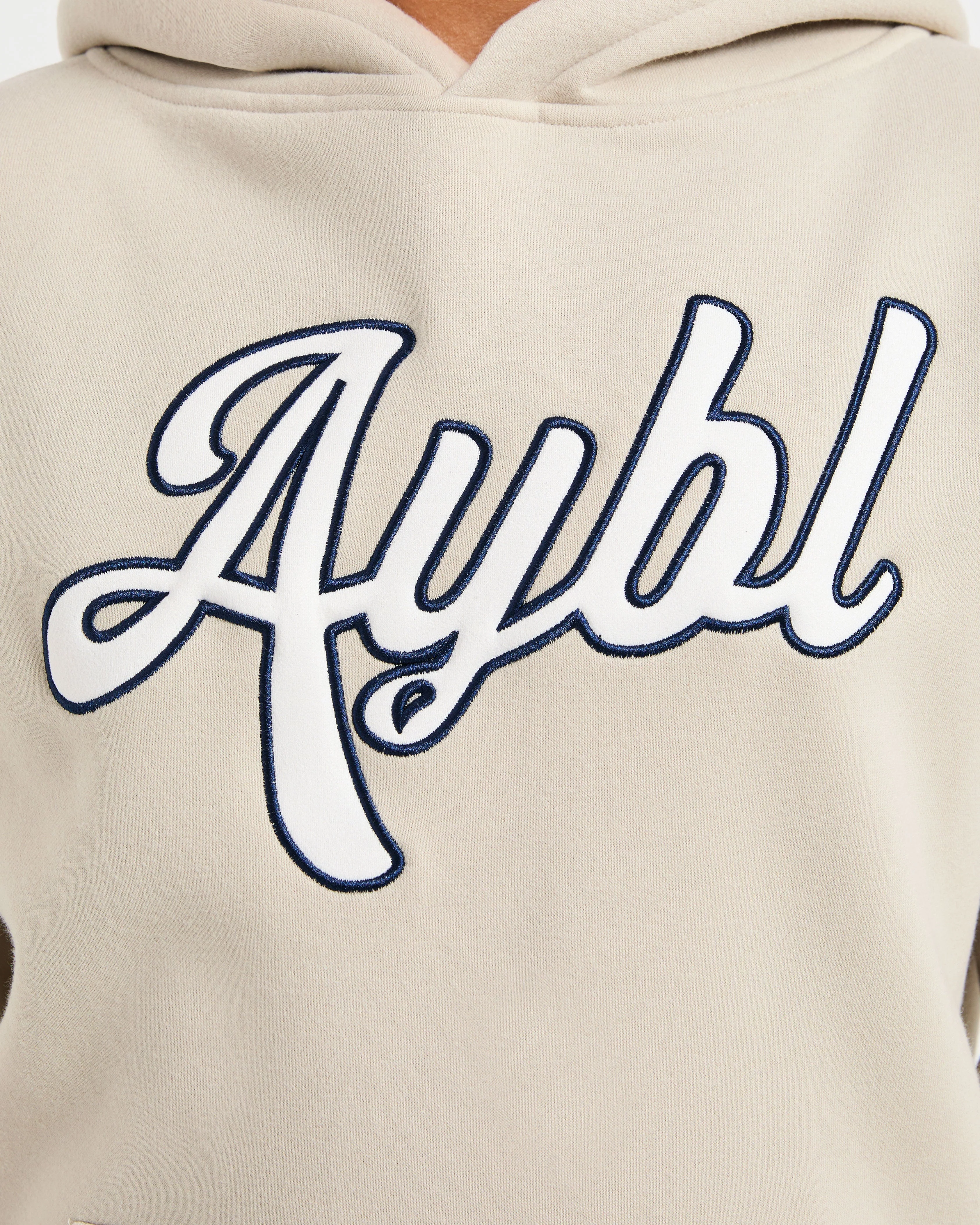 Script Embroidered Oversized Hoodie - Sand/Navy - Image 5
