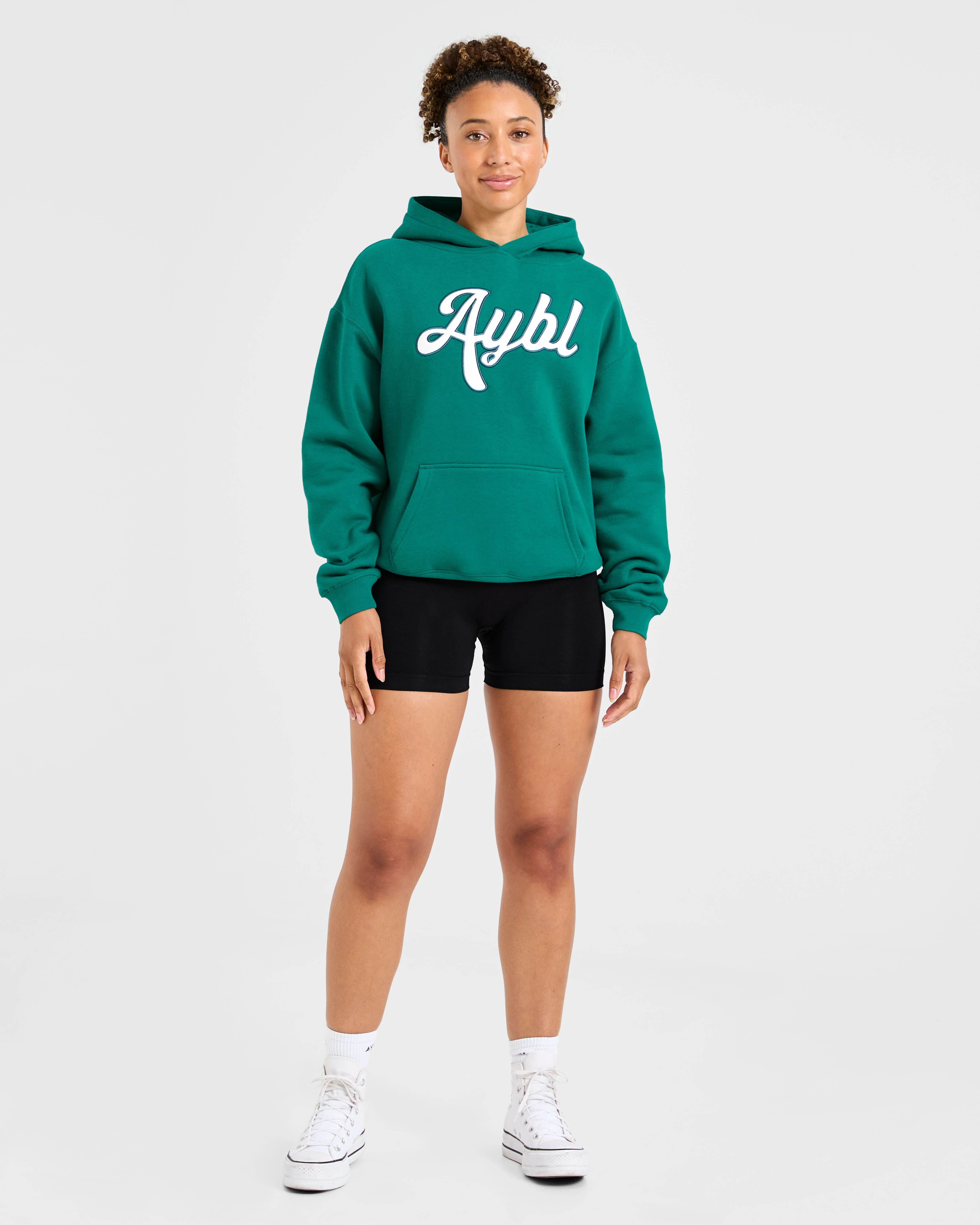 Script Embroidered Oversized Hoodie - Sports Green - Image 3