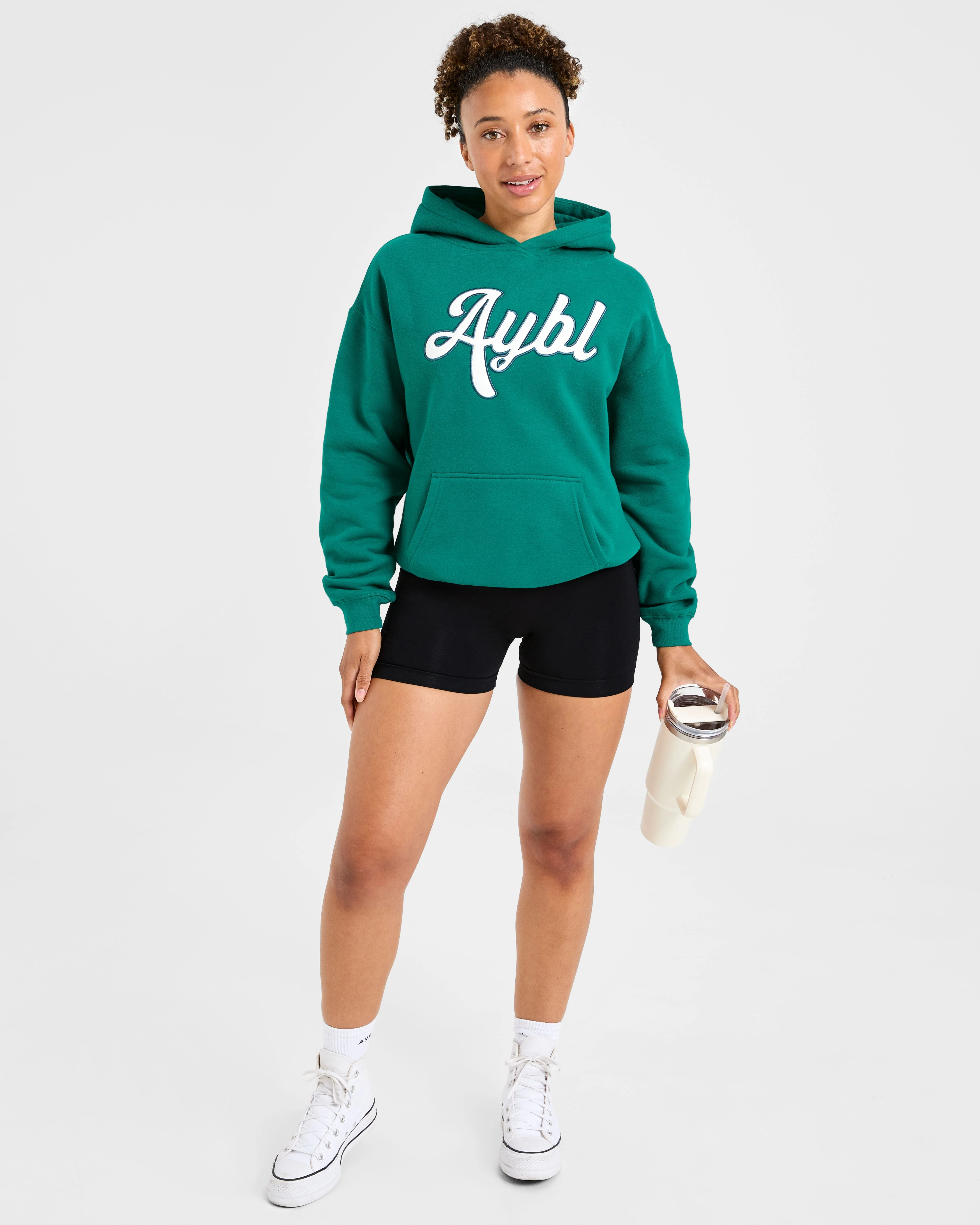 Script Embroidered Oversized Hoodie - Sports Green - Image 7