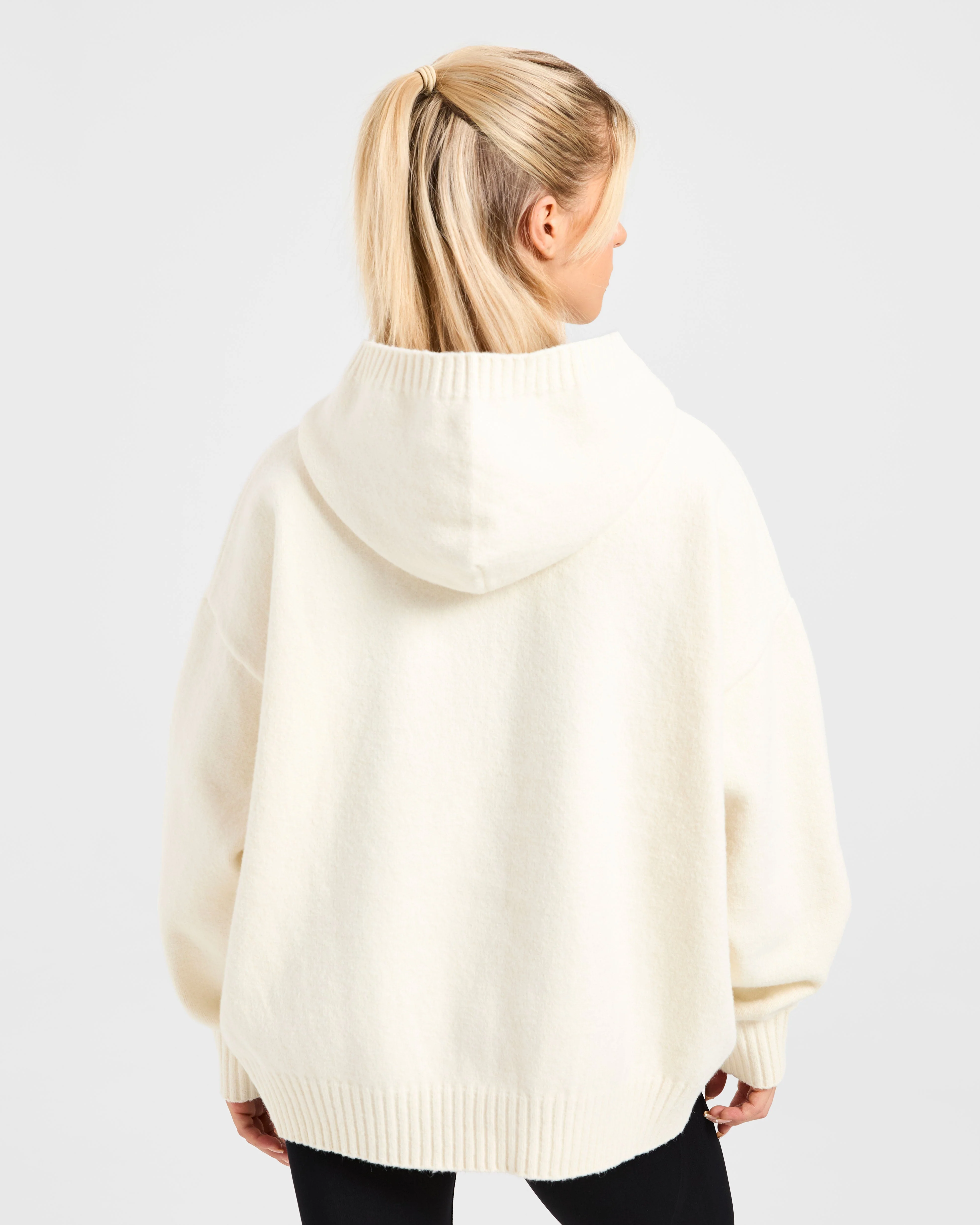 Varsity Minimal Logo Oversized Knitted Hoodie - Cream - Image 2