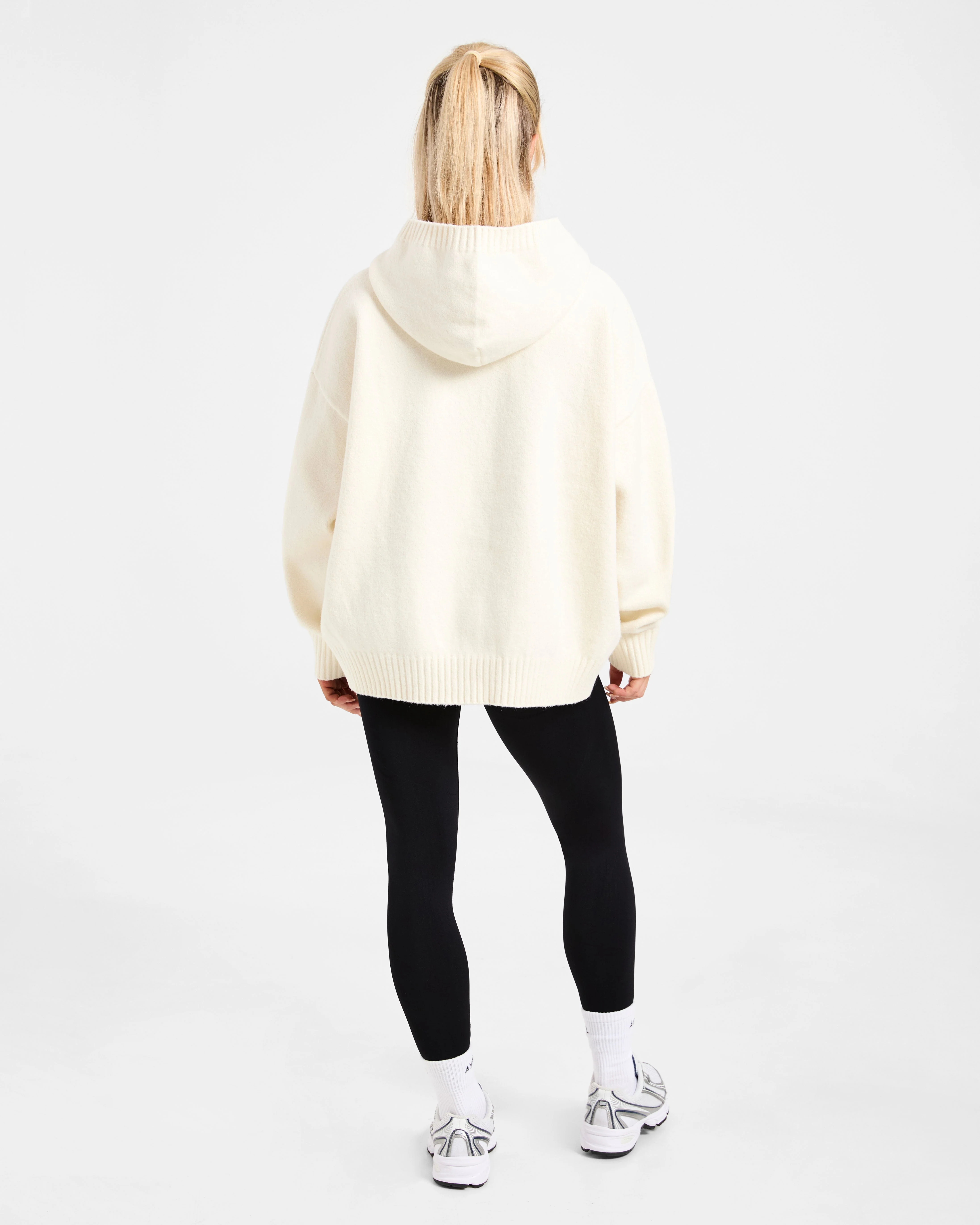 Varsity Minimal Logo Oversized Knitted Hoodie - Cream - Image 4