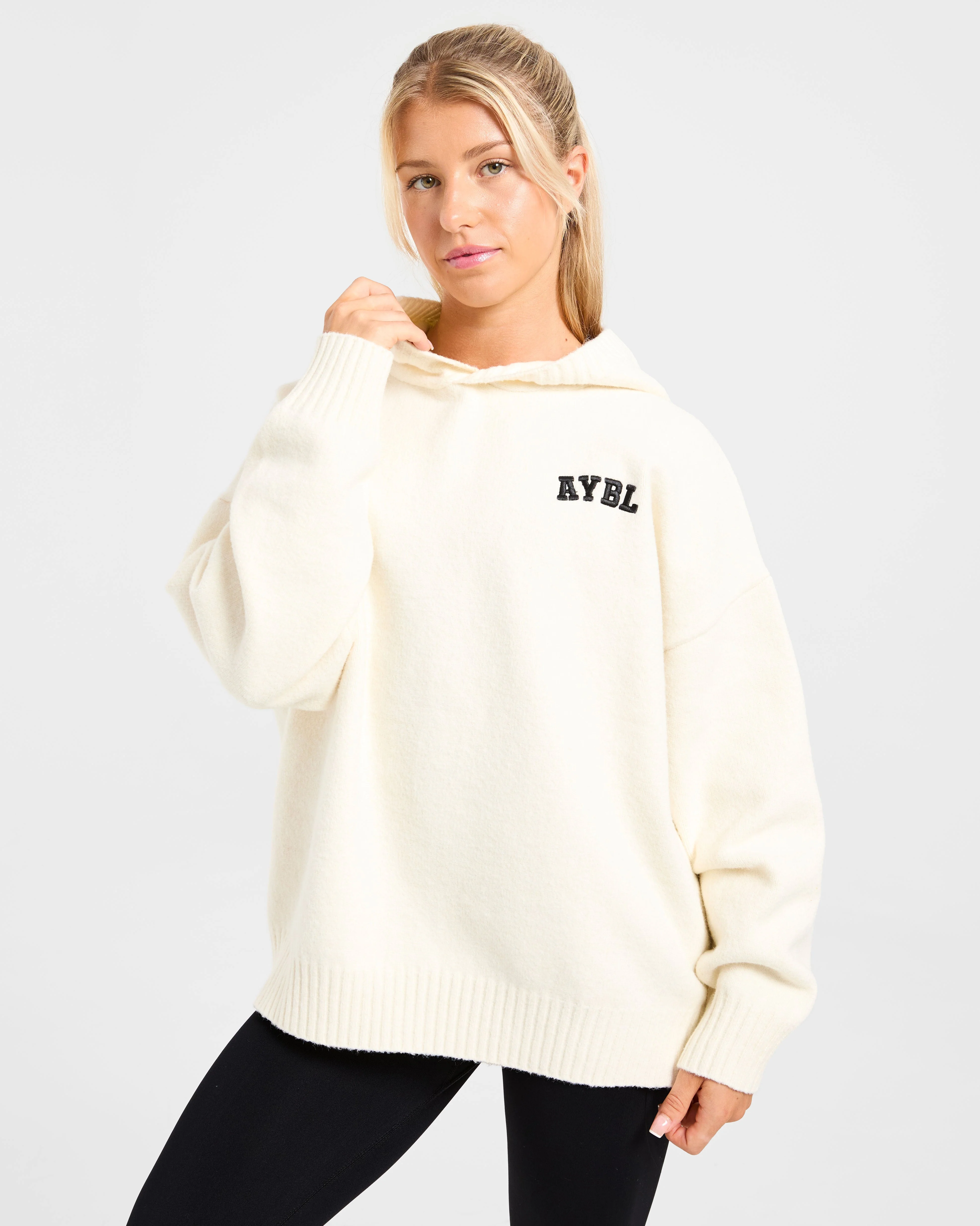 Varsity Minimal Logo Oversized Knitted Hoodie - Cream - Image 7