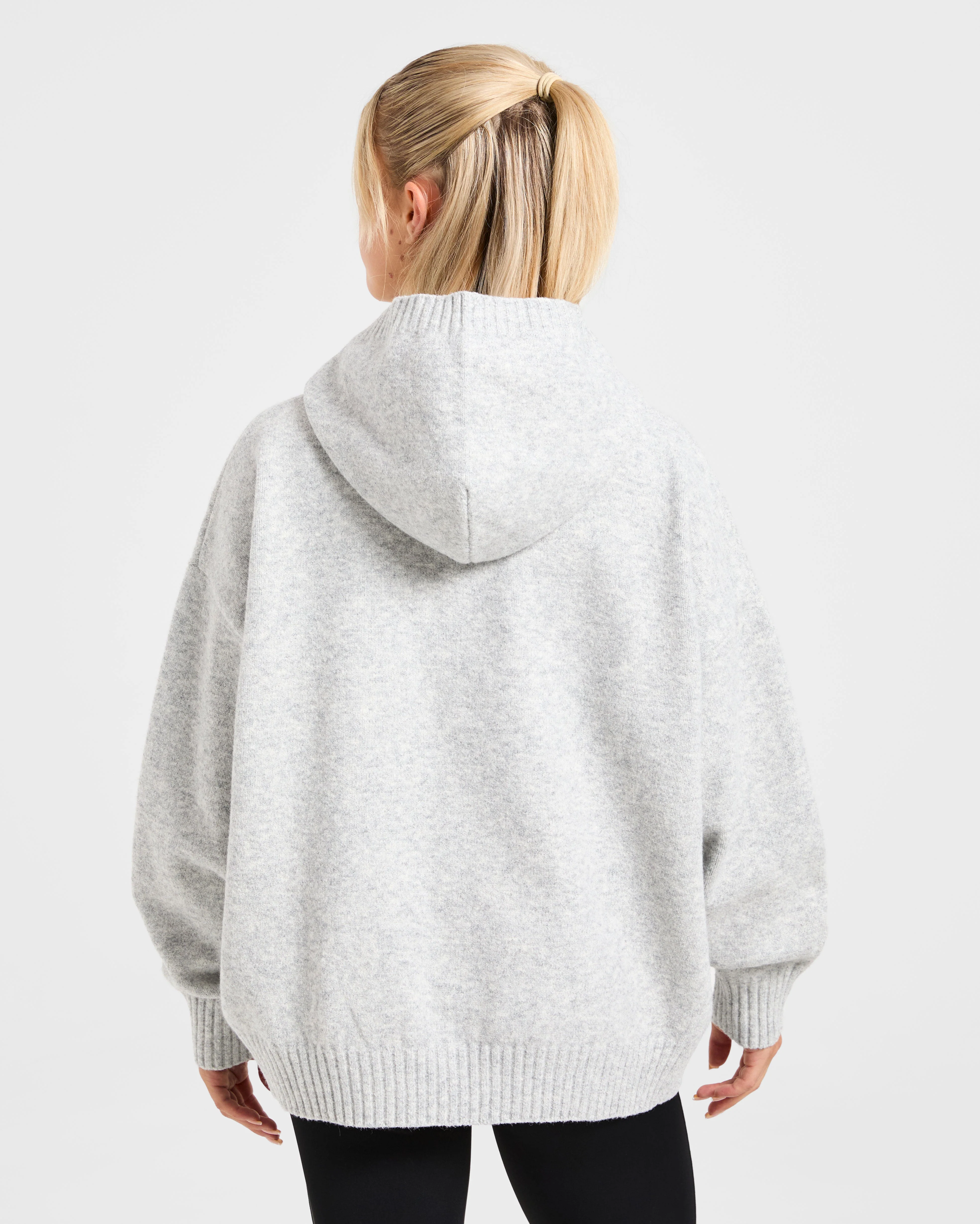 Varsity Minimal Logo Oversized Knitted Hoodie - Grey Marl/Burgundy - Image 2