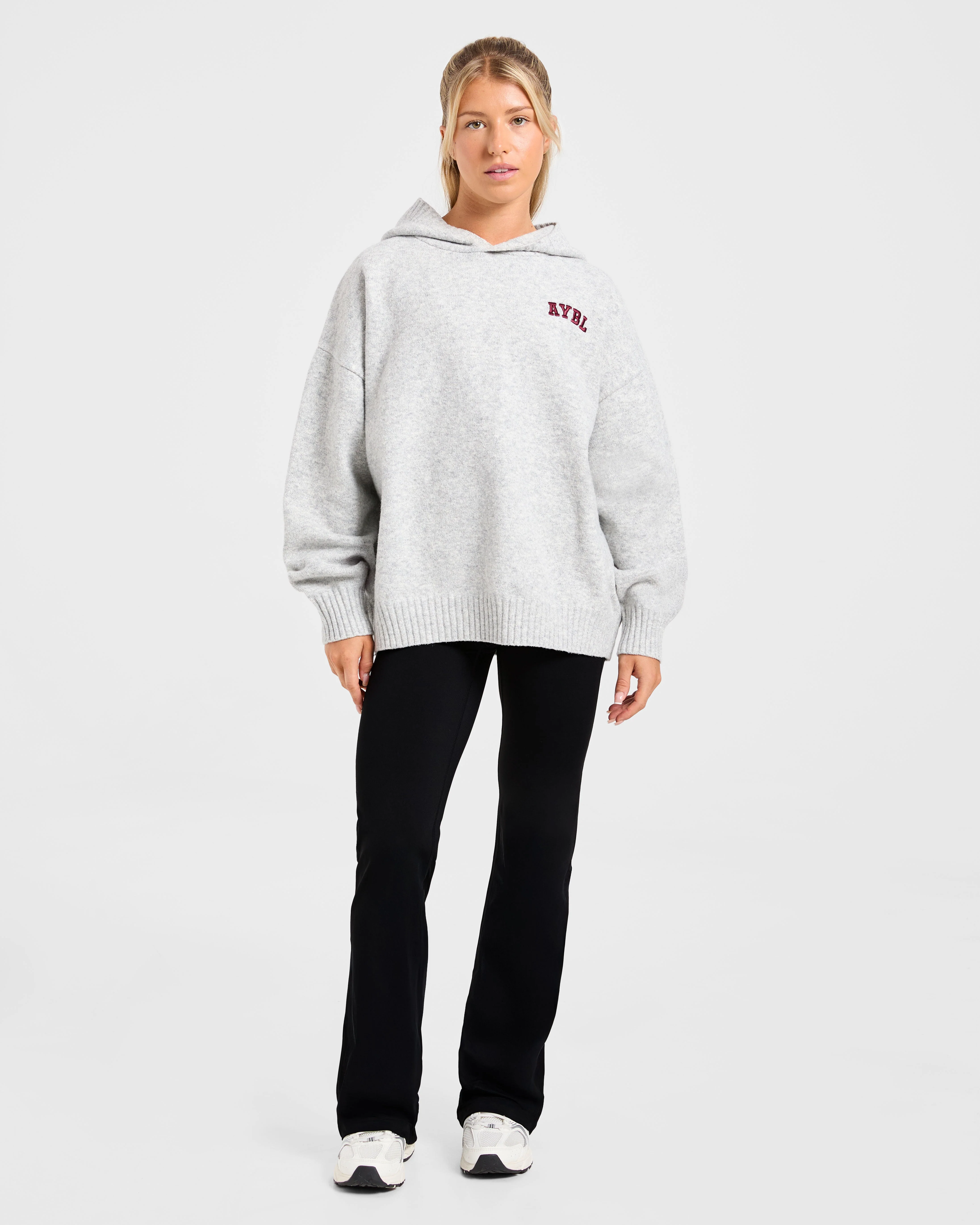 Varsity Minimal Logo Oversized Knitted Hoodie - Grey Marl/Burgundy - Image 3