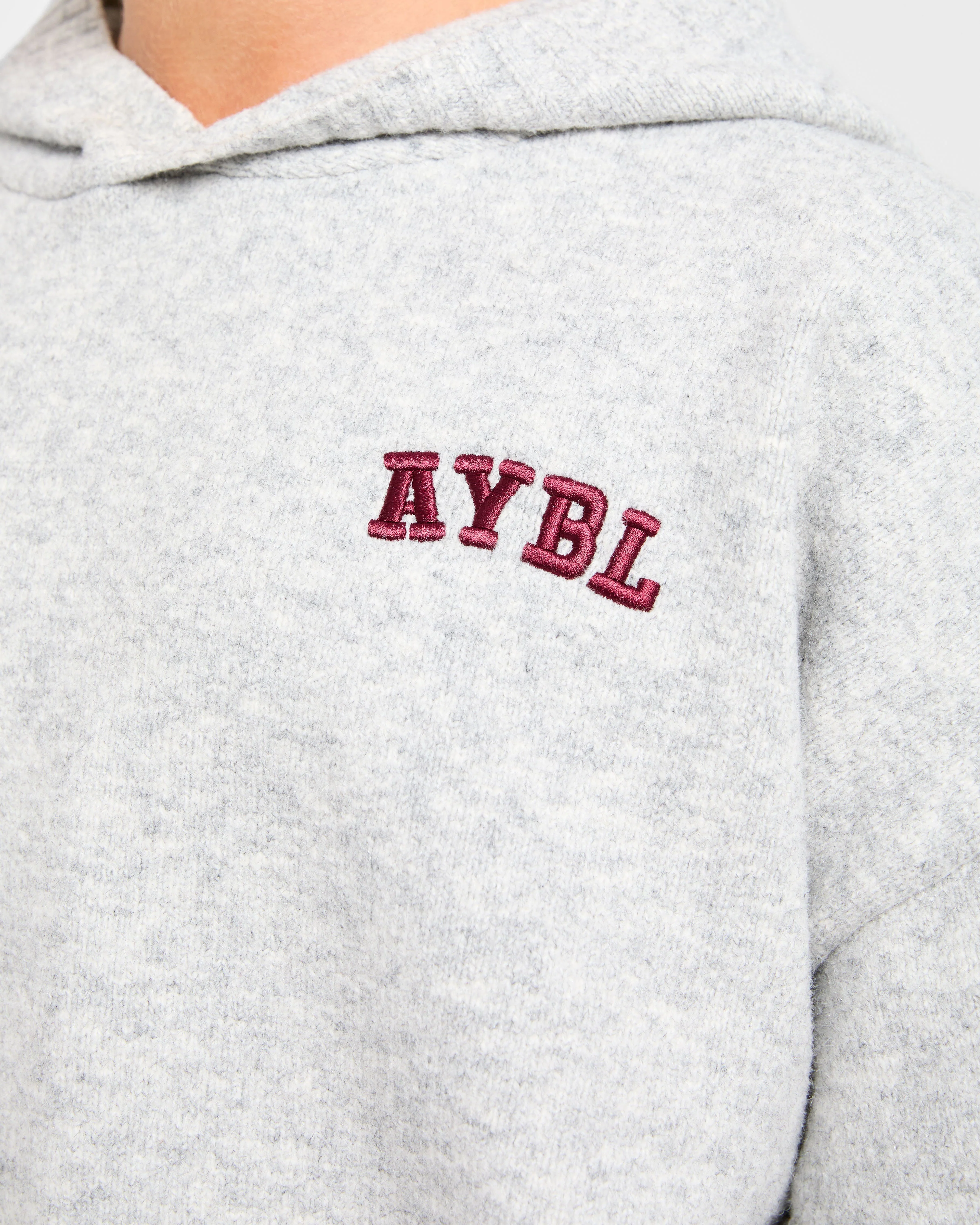 Varsity Minimal Logo Oversized Knitted Hoodie - Grey Marl/Burgundy - Image 5