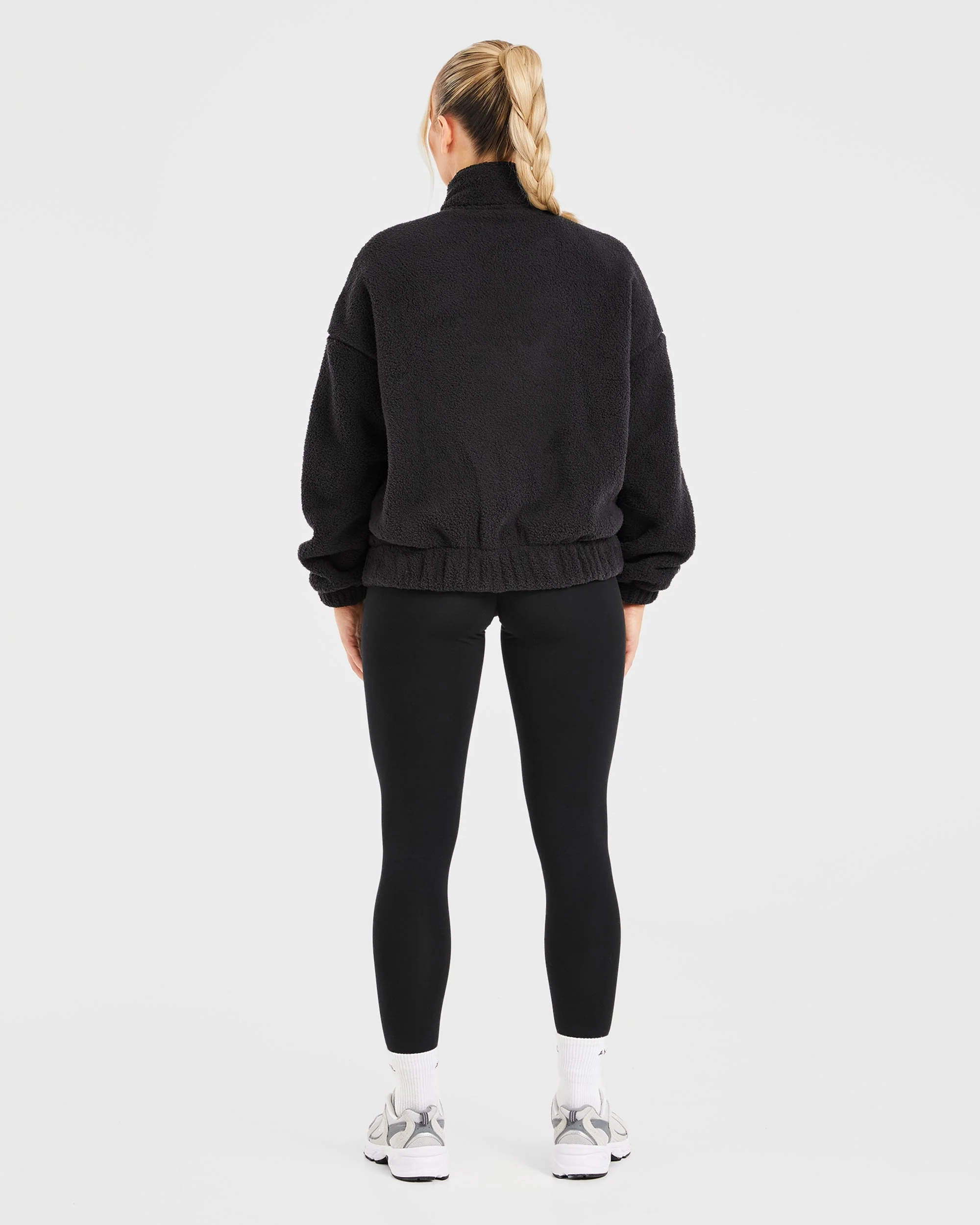 Varsity Oversized Fleece Zip Up Jacket - Black - Image 4