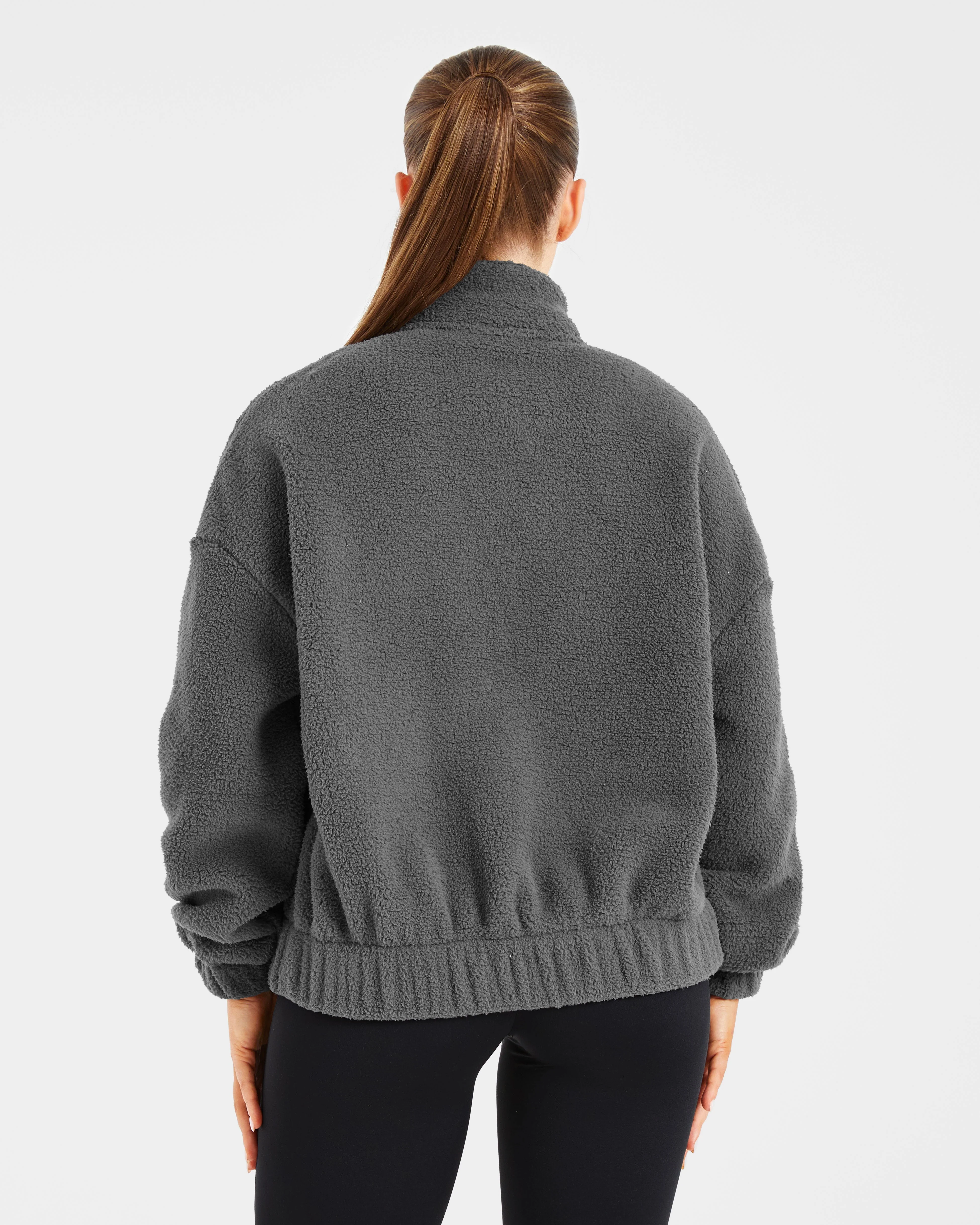 Varsity Oversized Fleece Zip Up Jacket - Charcoal - Image 2