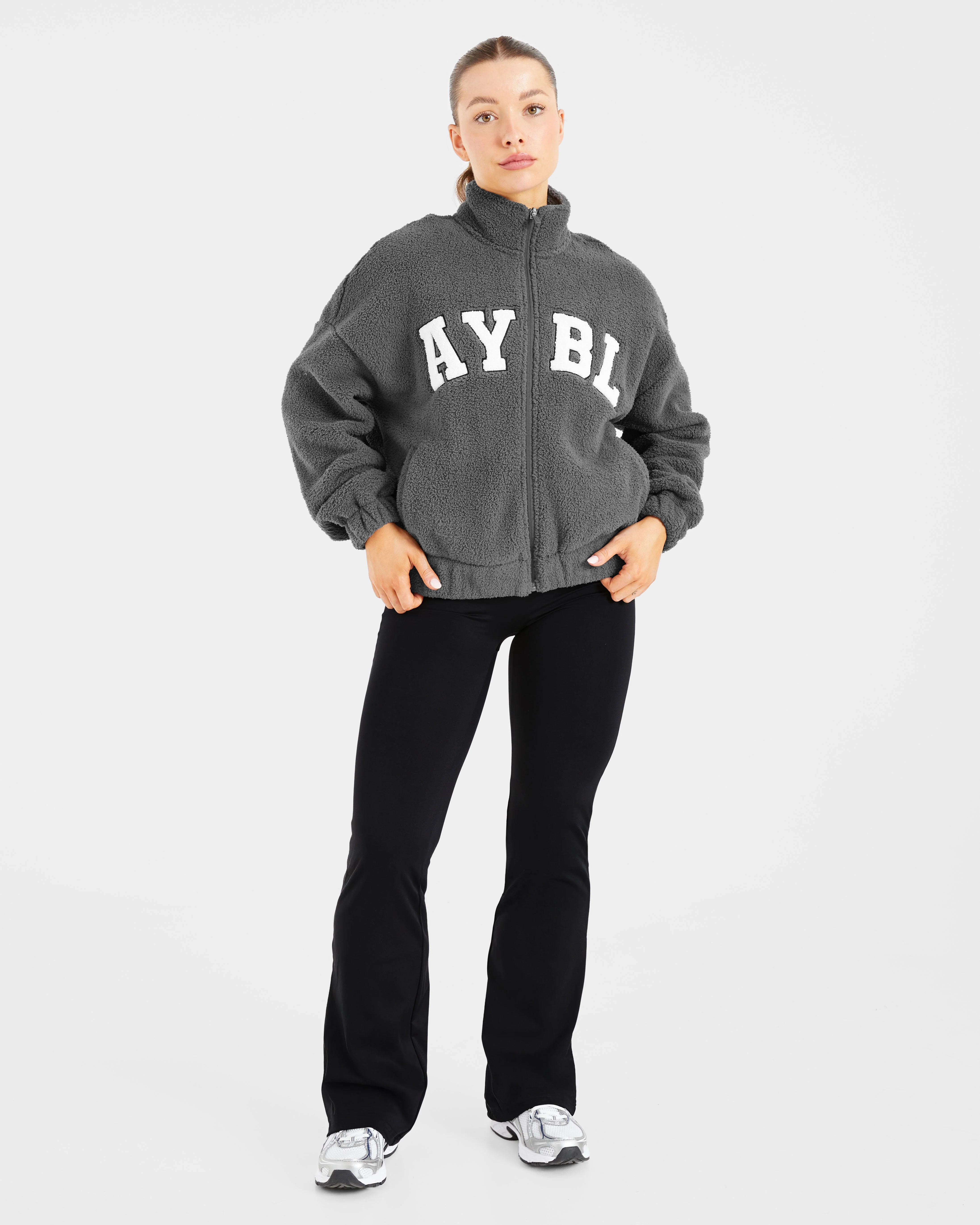Varsity Oversized Fleece Zip Up Jacket - Charcoal - Image 3