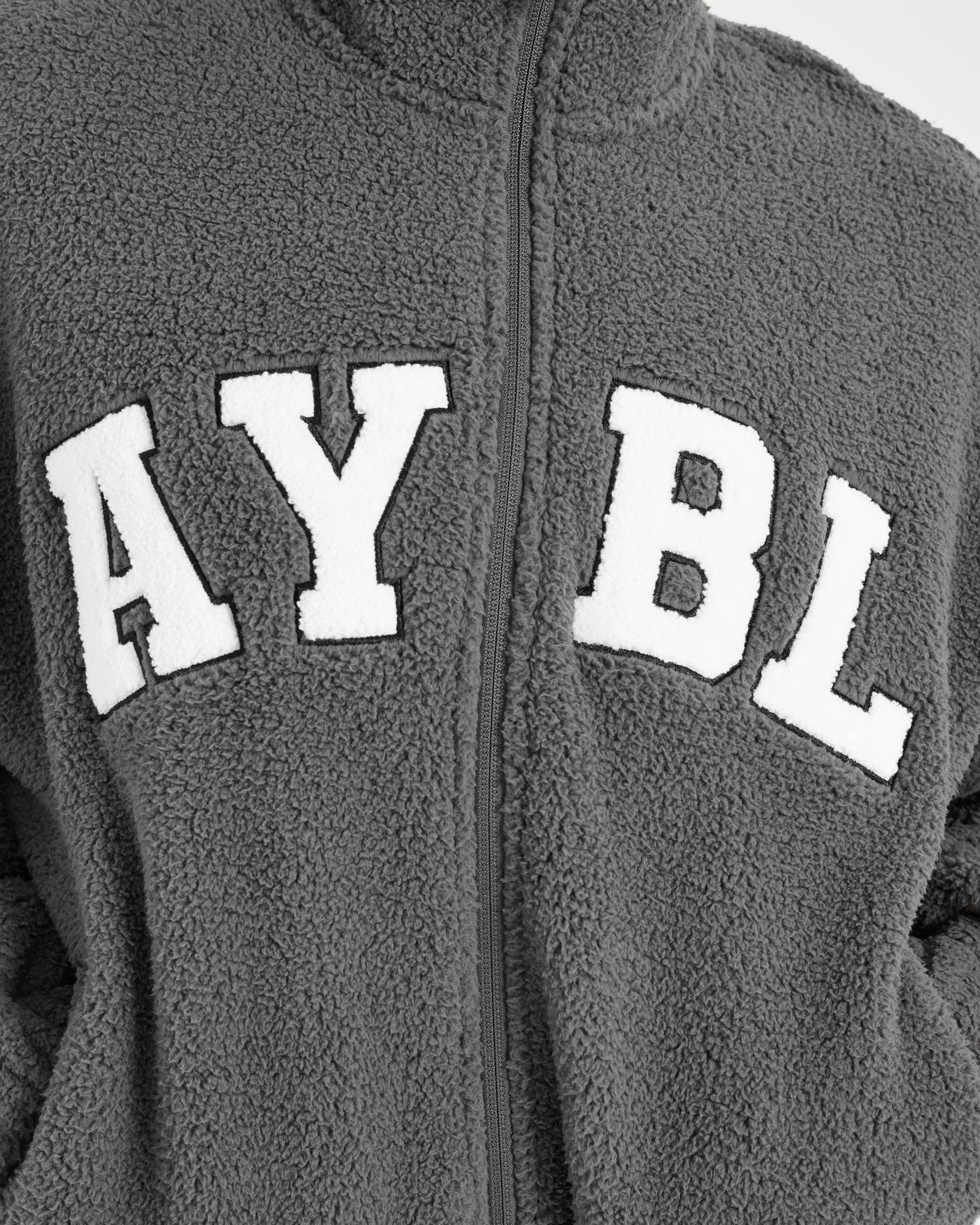Varsity Oversized Fleece Zip Up Jacket - Charcoal - Image 5