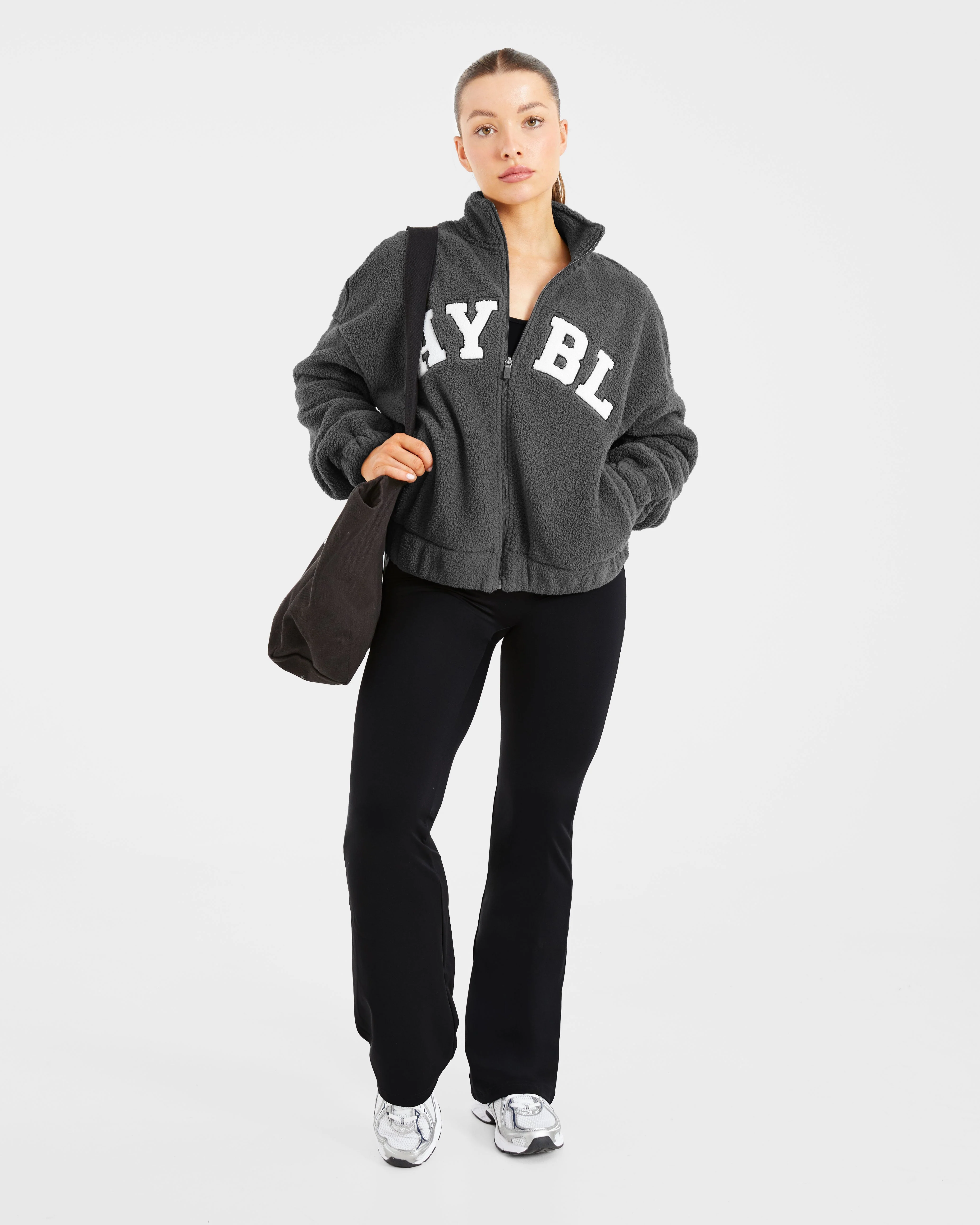 Varsity Oversized Fleece Zip Up Jacket - Charcoal - Image 8