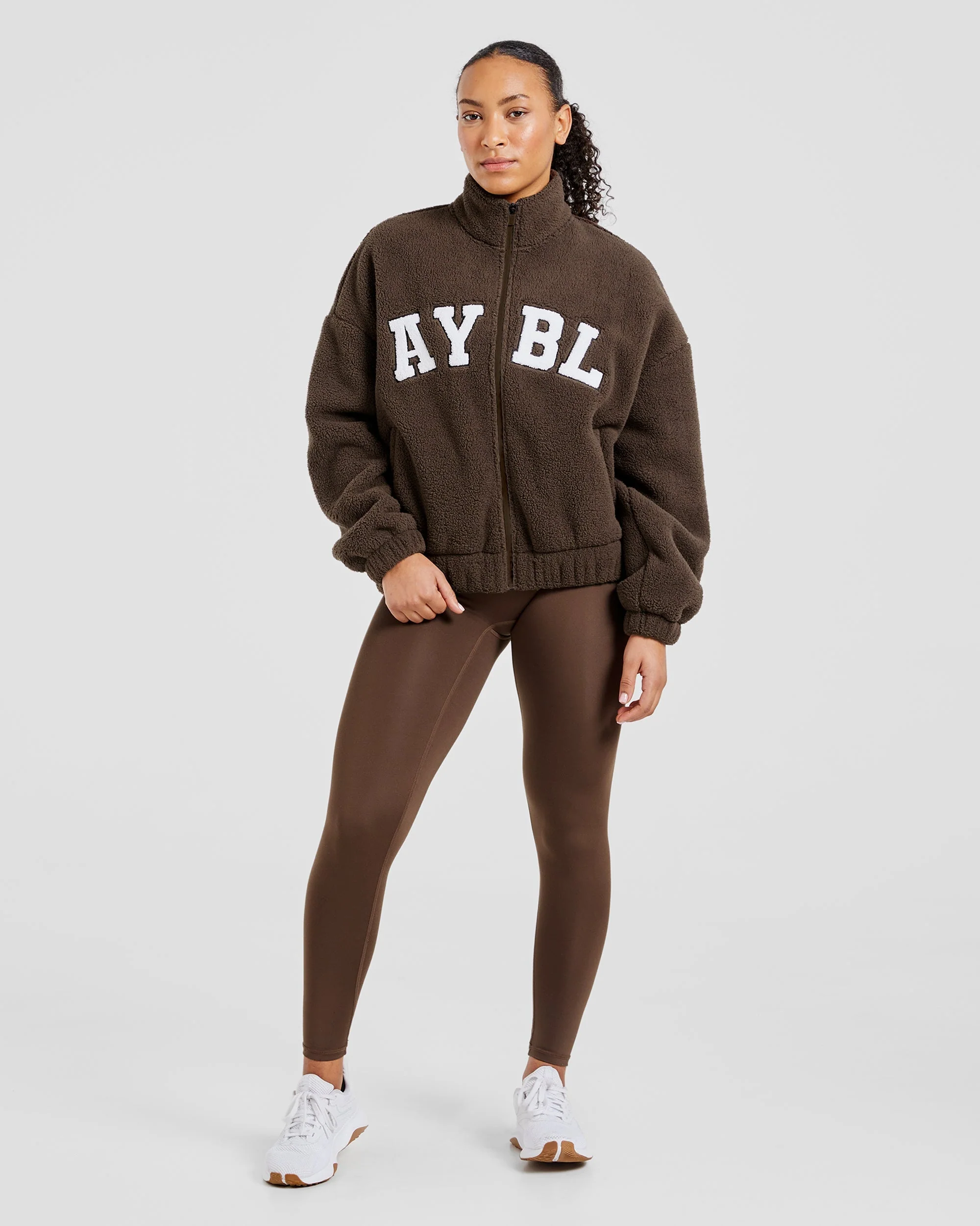 Varsity Oversized Fleece Zip Up Jacket - Cocoa Brown - Image 3