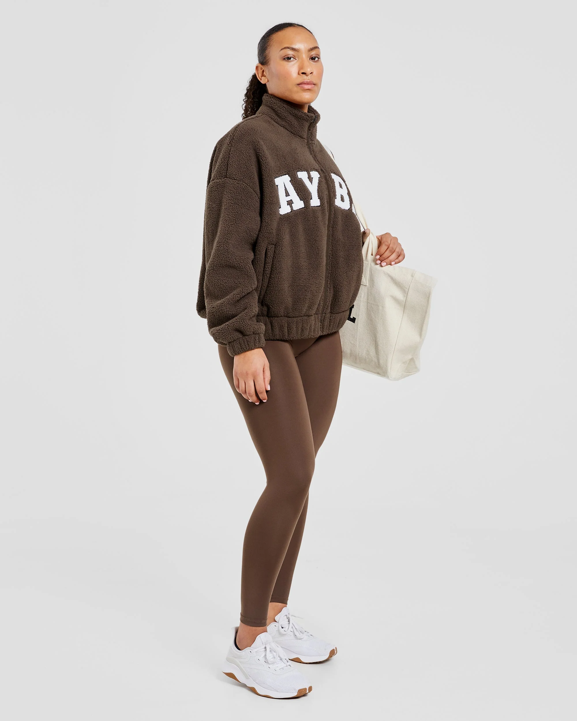 Varsity Oversized Fleece Zip Up Jacket - Cocoa Brown - Image 7