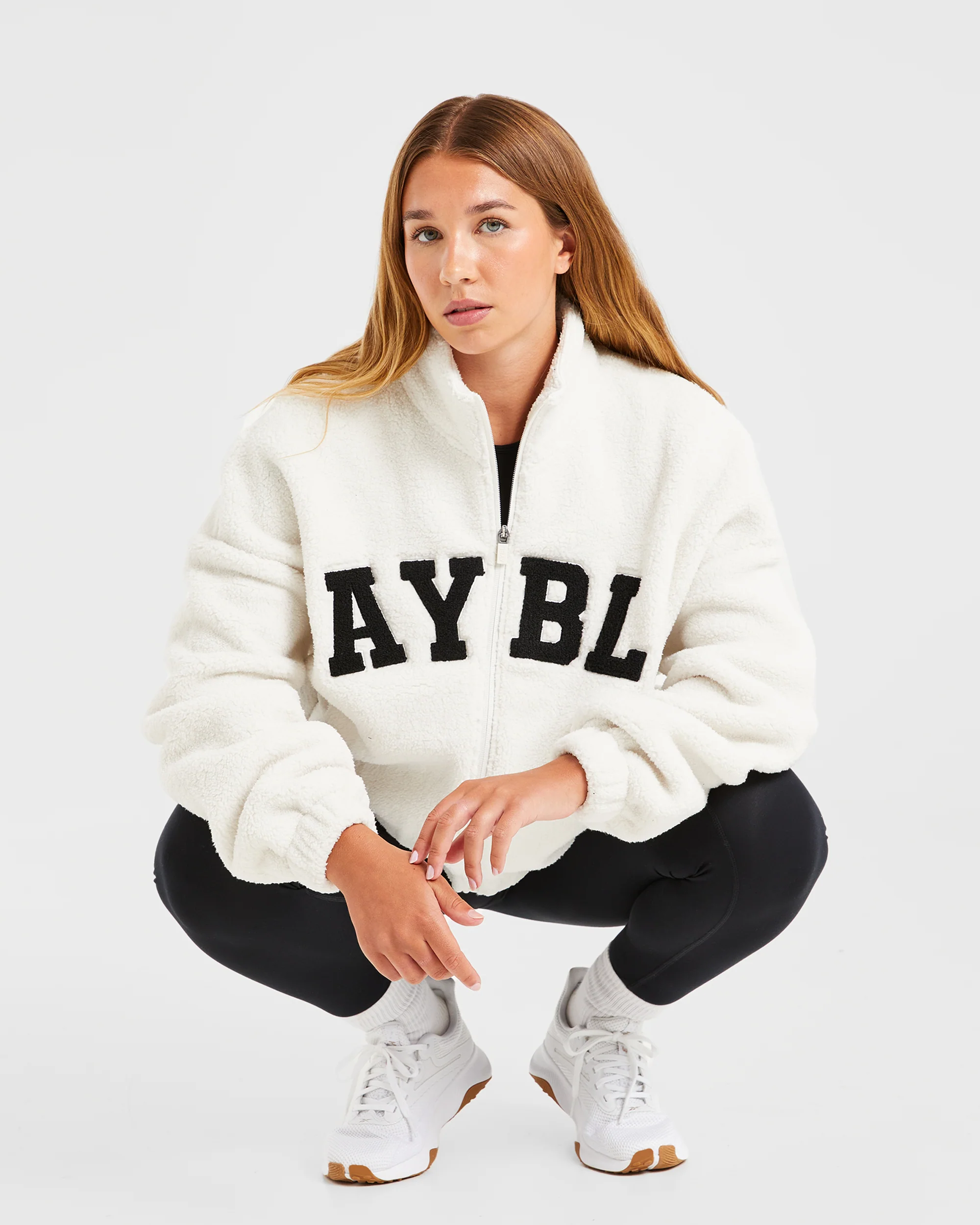 Varsity Oversized Fleece Zip Up Jacket - Cream - Image 7