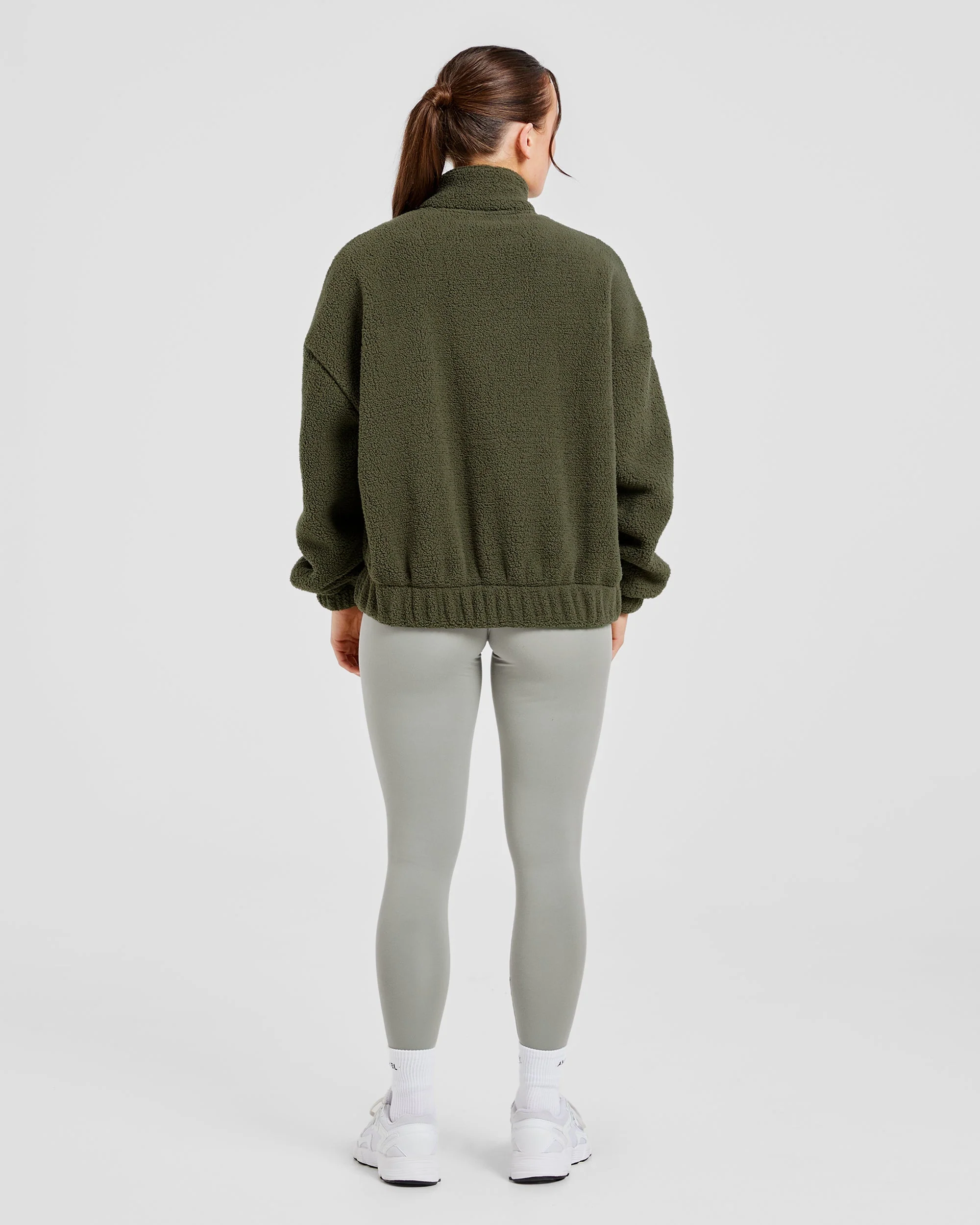Varsity Oversized Fleece Zip Up Jacket - Khaki Green - Image 4