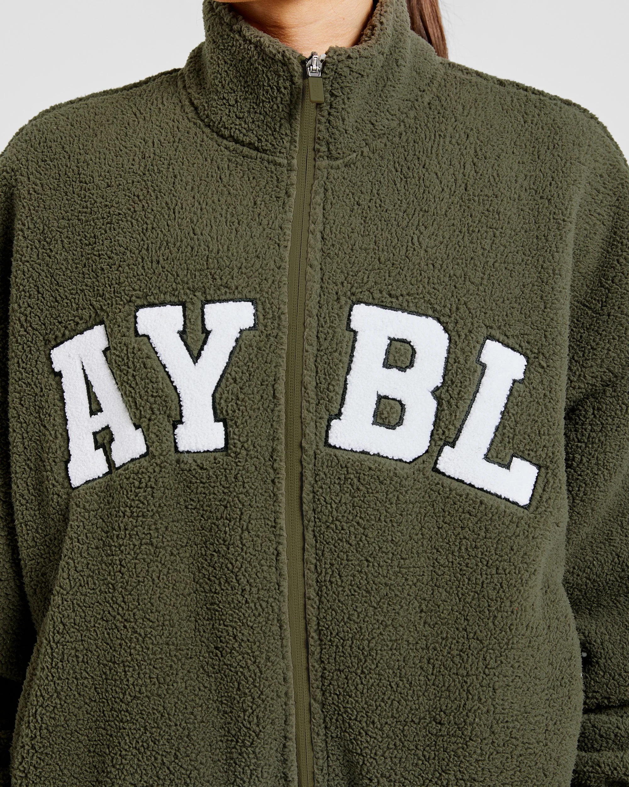 Varsity Oversized Fleece Zip Up Jacket - Khaki Green - Image 5