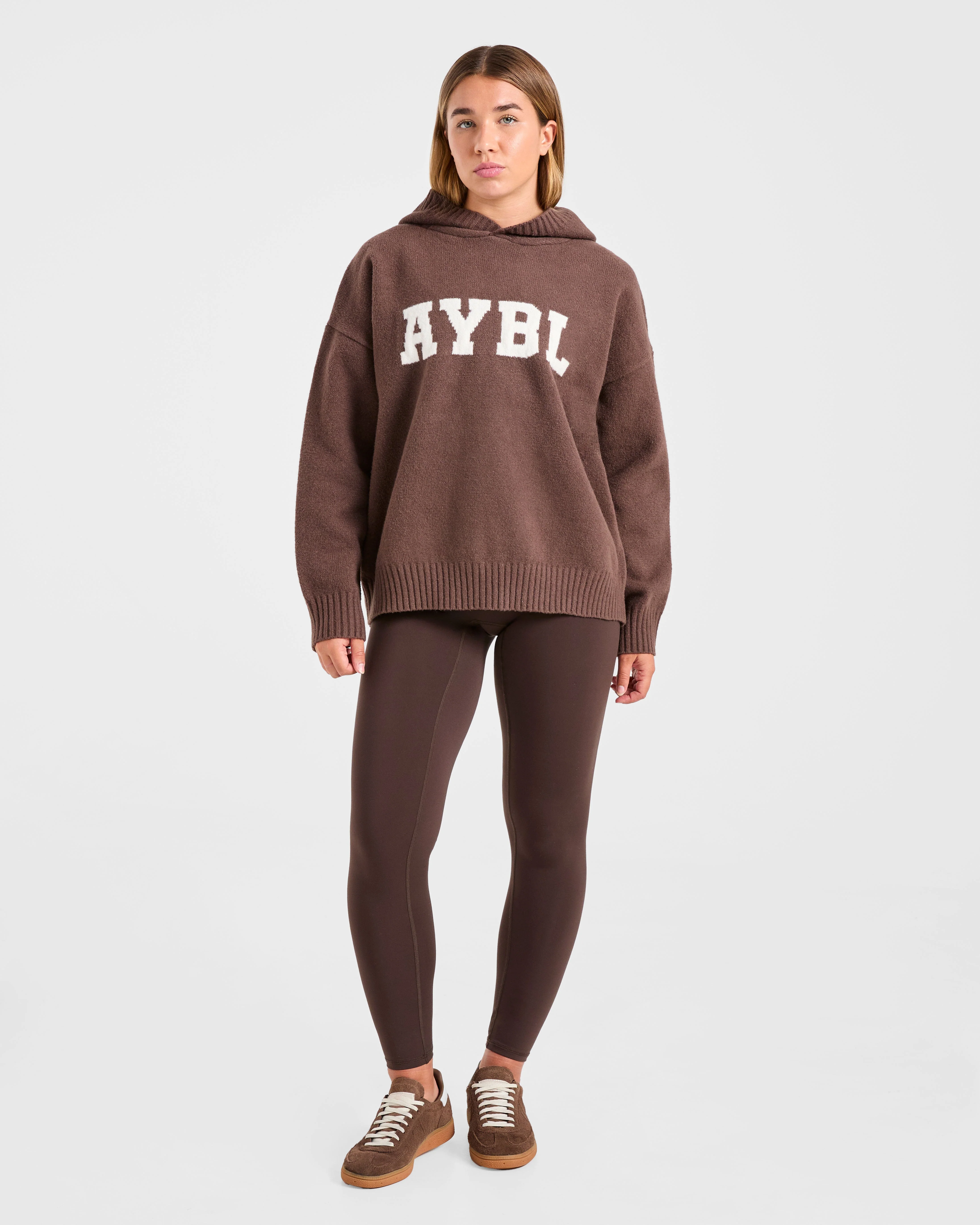 Varsity Oversized Knitted Hoodie - Brown - Image 3