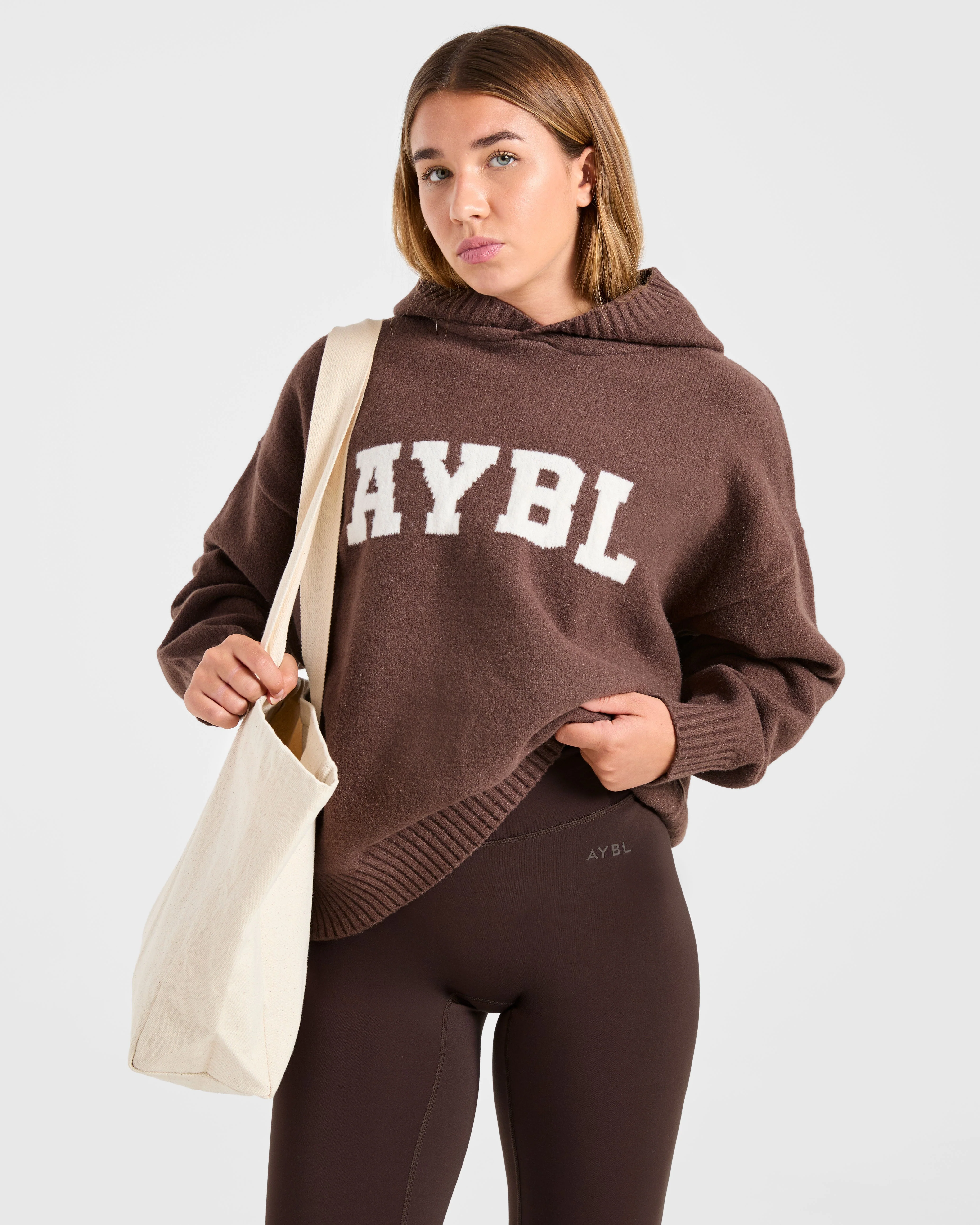 Varsity Oversized Knitted Hoodie - Brown - Image 8