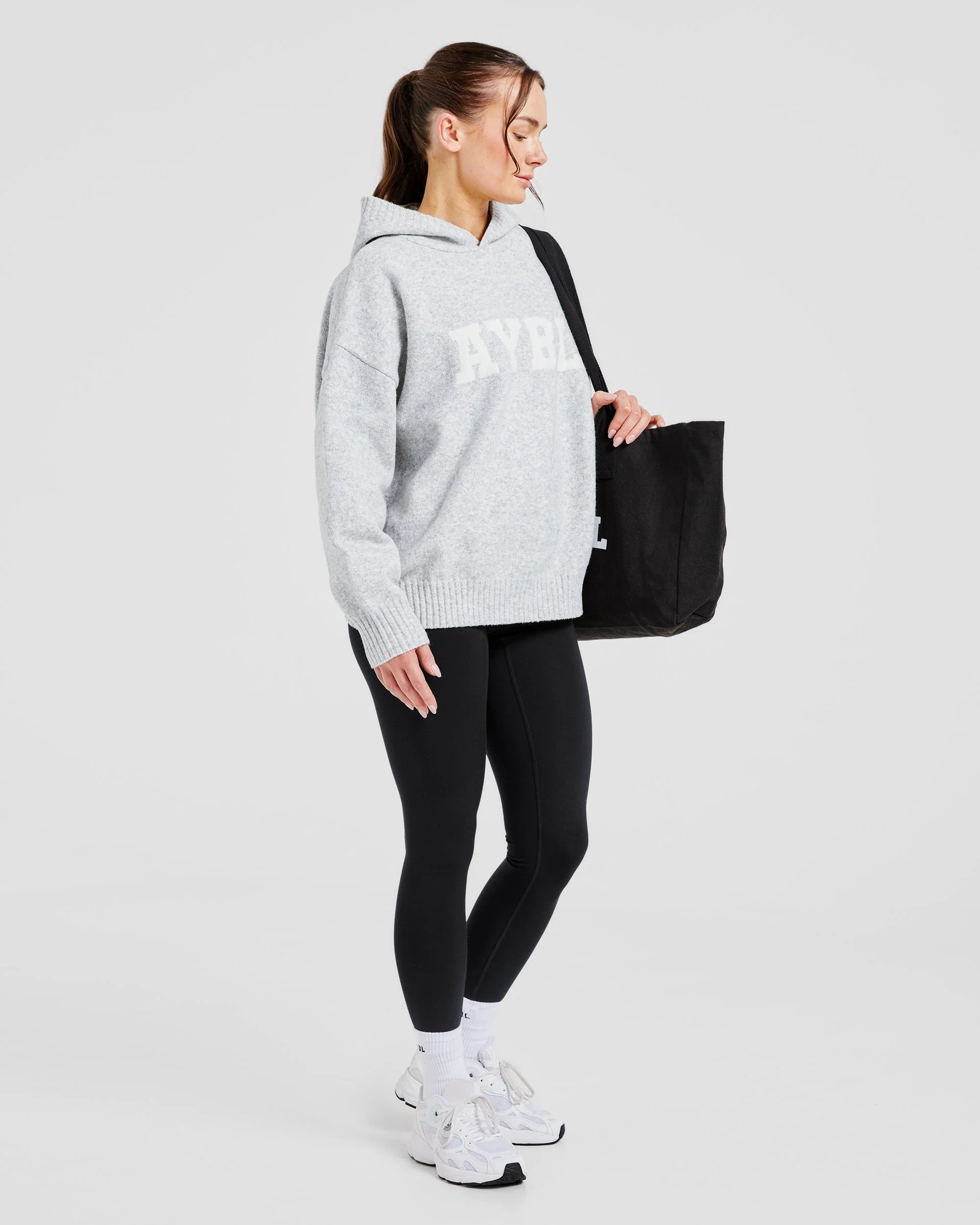 Varsity Oversized Knitted Hoodie - Grey Marl - Image 7