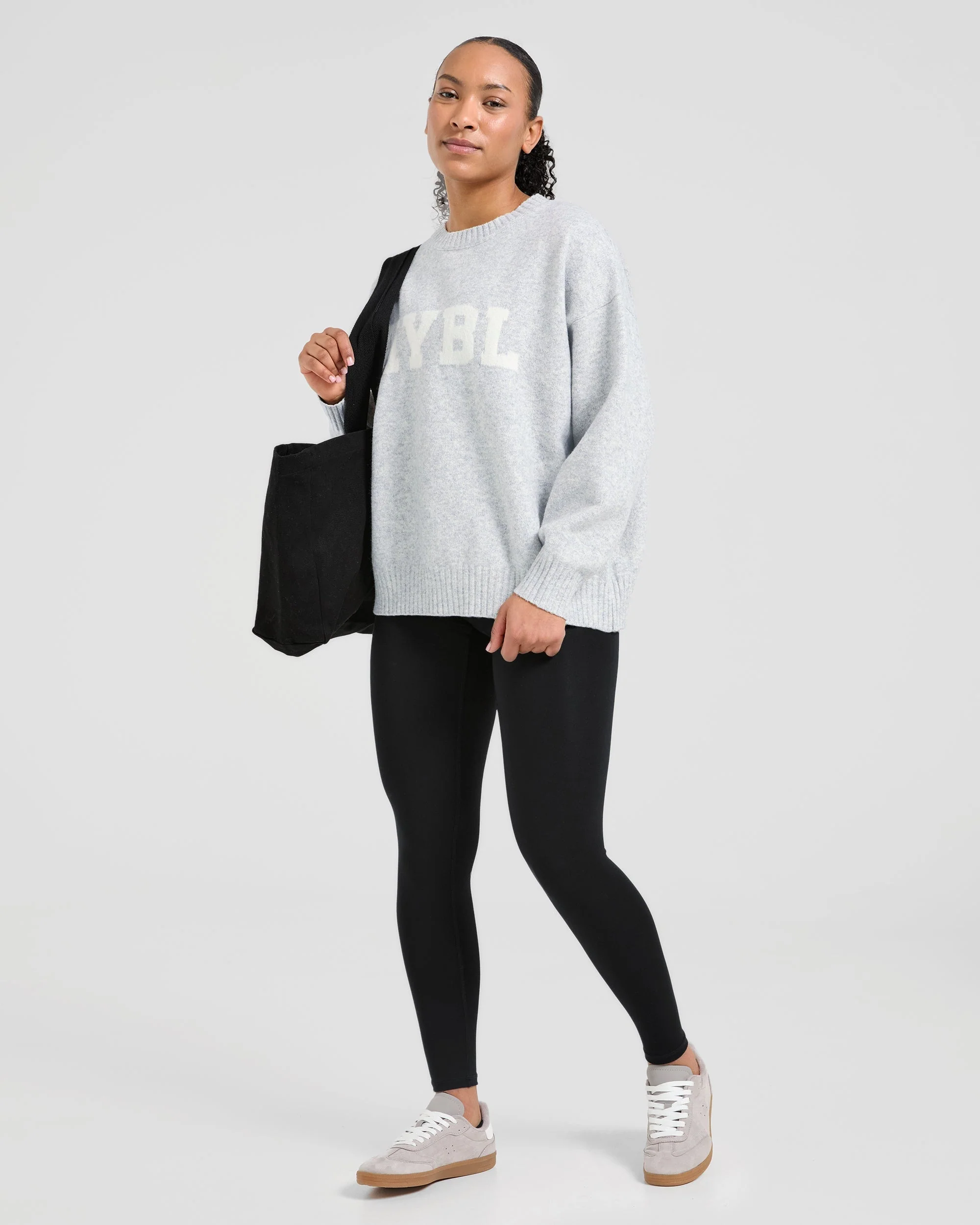 Varsity Oversized Knitted Sweater - Grey Marl - Image 7