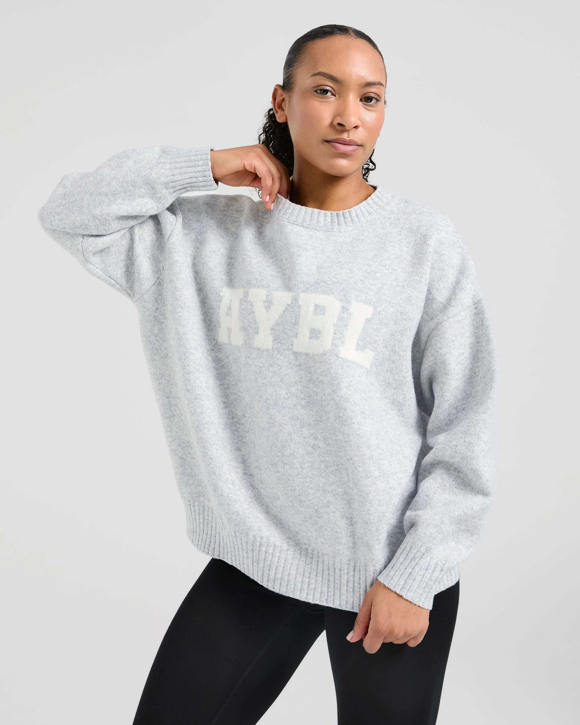 Varsity Oversized Knitted Sweater - Grey Marl - Image 8